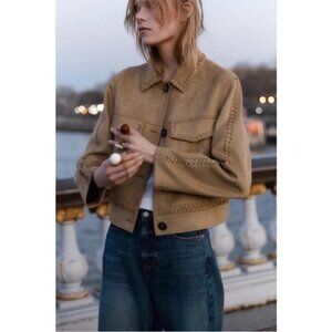 Zara Faux Leather Tan Women's Jacket with Stitch Detailing Size XL EUC